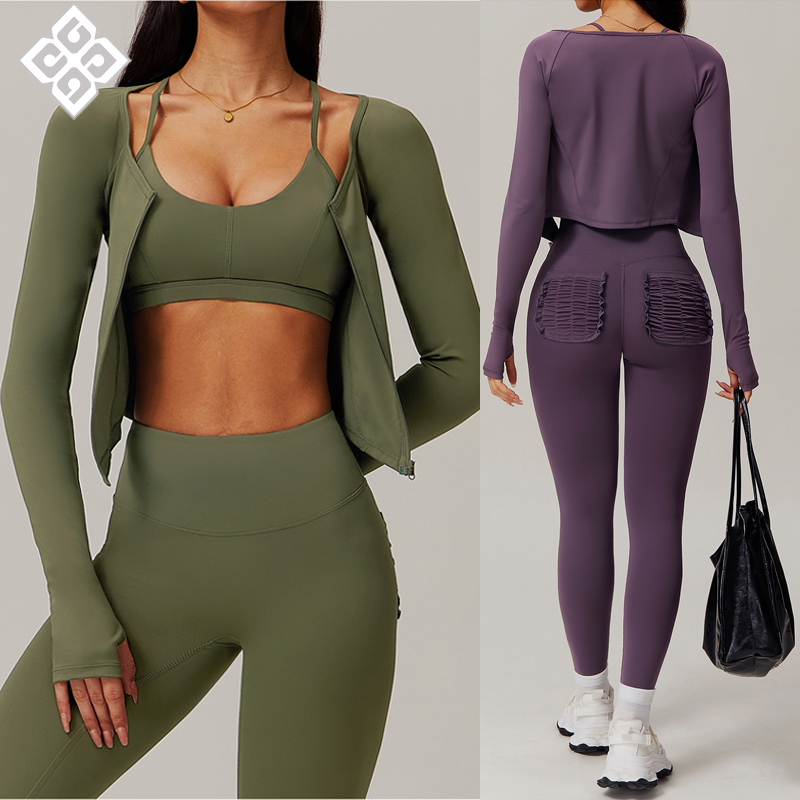 Quick-drying Zipper Tight Running Long-sleeved Sports Jacket Legging Two Piece Set Women's Fitness Nude Yoga Wear Tops and Pants