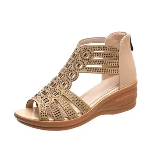 Sandalias de cuña con punta abierta para mujer, zapatos informales con diamantes de imitación y cremallera