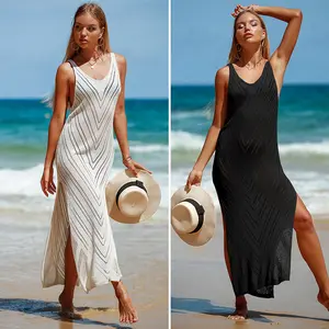Tığ beyaz örme plaj Cover Up elbise tunik mayo uzun Pareos bikini kapak ups yüzmek Robe Plage Beachwear