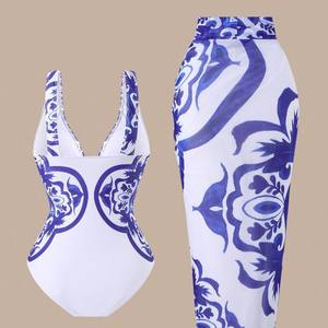 Baju Renang Mewah Satu Potong Berwarna Emas dengan Ikat Pinggang, Tank Bra Pinggang Tinggi Set 2 Potong Wanita dengan Rok Bermotif Serasi Anti-Bakteri Cepat Kering - Product Image 2