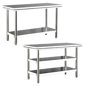 Factory Supplies Inox Working Table With Bottom Shelf Straight Edge Two Tiers Vegetable Worktable