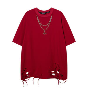 T-shirt X206 pour homme, style hip-hop, délavé, 100% coton, suédé, lourd, surdimensionné, mode streetwear, ample, trous déchirés, tricoté - Product Image 3