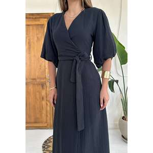 เดรสผ้ามัสลินทรงเอไลน์สีดำเรียบง่าย คาดเข็มขัด เอวธรรมชาติ สวมใส่สบายๆ ทุกวัน ซักได้ - Product Image 2