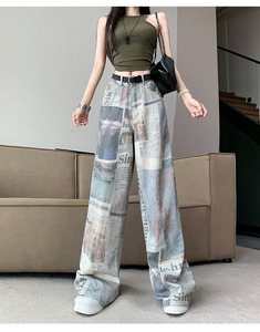 Vaqueros de <span class=keywords><strong>mujer</strong></span> con estampado de texto de periódico completo, de mezclilla vintage, de cintura alta, extragrandes, de largo completo, estilo retro Y2K, para la calle - Product Image 4