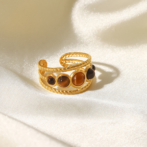 Anillos de Acero Inoxidable con Baño de Oro de 18K, Diseño Moderno, con Cinco Piedras de Ojo de Tigre, Redondos y Huecos, para Mujer - Product Image 6