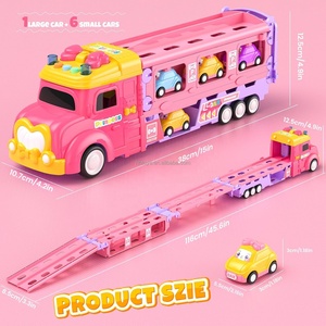 Camión de Transporte Rosa Princesa DWI, Juguetes Educativos, Camión Plegable, <span class=keywords><strong>Pista</strong></span> de Carreras con Expulsión, Coche de Almacenamiento con 4 Mini Coches - Product Image 4