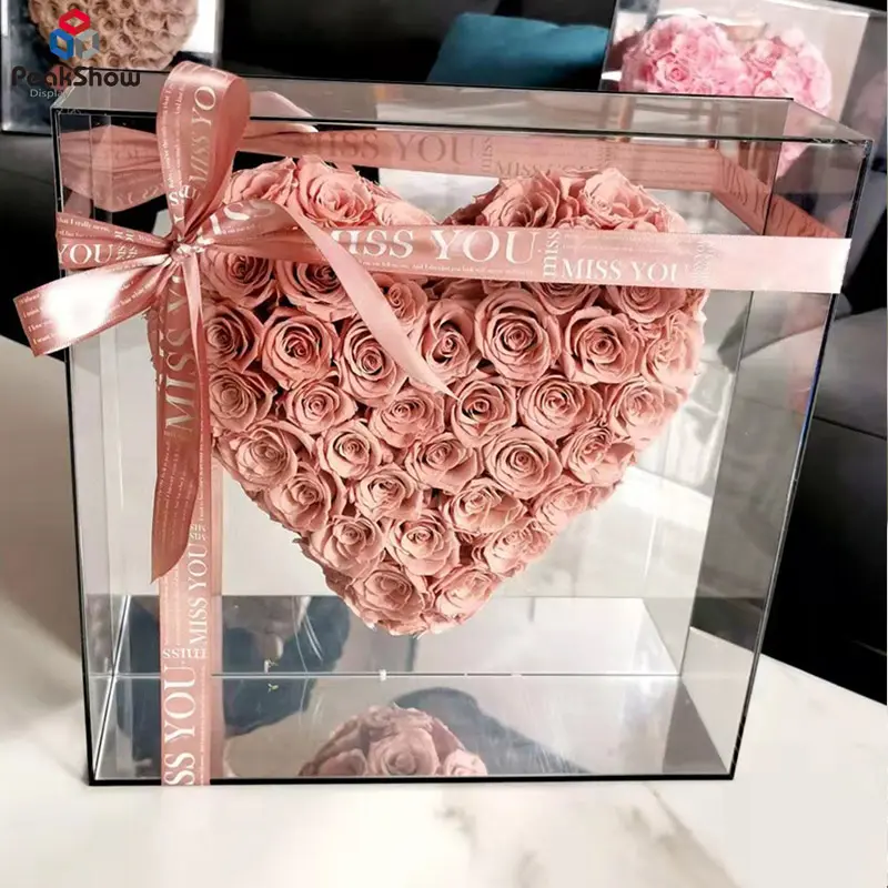 Peakshow थोक लक्जरी स्पष्ट वर्ग शादी गुलाब प्रदर्शन के लिए Pmma एक्रिलिक फूल बॉक्स गुलाब चॉकलेट