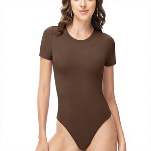 Women Short Sleeve Crew Neck <b>Bodysuit</b> Solid Color Stretch Activewear Bodycon Fit All Seasons Knitted Spandex <b>Nylon</b> - Product Image 1