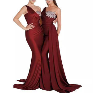 사용자 정의 크기 들러리 원피스 파티 원피스 한 어깨 시니 실버 실 자수 물고기 꼬리 트레일 레이스 쉬폰 긴 원피스 - Product Image 1