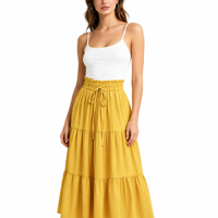 Jupe mi-longue évasée à taille haute élastique avec cordon de serrage, style européen et américain, élégante et fluide, à manches courtes.