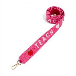 Lanière rose artisanale pour enseignant avec broderie pomme, sangle textile unique en coton, accessoire tendance avec pochettes - Product Image 1