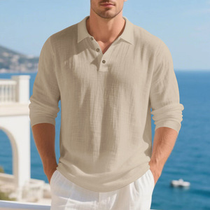 <span class=keywords><strong>Polo</strong></span> a Maniche Lunghe da Uomo 95% Lino 5% Poliestere Tessuto Tinta Unita Vestibilità Rilassata Pronta Consegna Primavera - Product Image 1