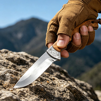 Couteau de chasse à lame fixe MEIJI, manche en bois d'olivier, pour le camping en plein air, survie, étui en cuir