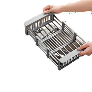 Égouttoir à vaisselle rétractable en acier inoxydable poli épais pour évier de cuisine, rangement de placard pour assiettes et bols - Product Image 4