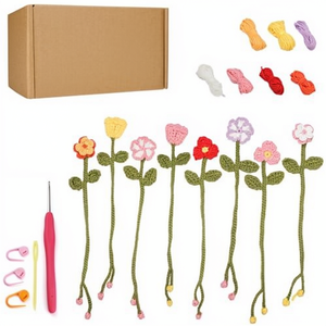 Kit de fabrication de marque-pages en crochet en forme de fleur avec fil tubulaire coloré, 8 pièces pour la création de marque-pages faits main, décoration de livres - Product Image 1