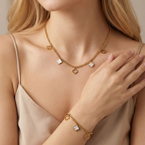 304 Stainless Steel 18K Gold Plated White Mother-of-Pearl Four-Leaf Clover Necklace <b>Bracelet</b> Anklet Women's Jewelry Set Gift - Product Image 2
