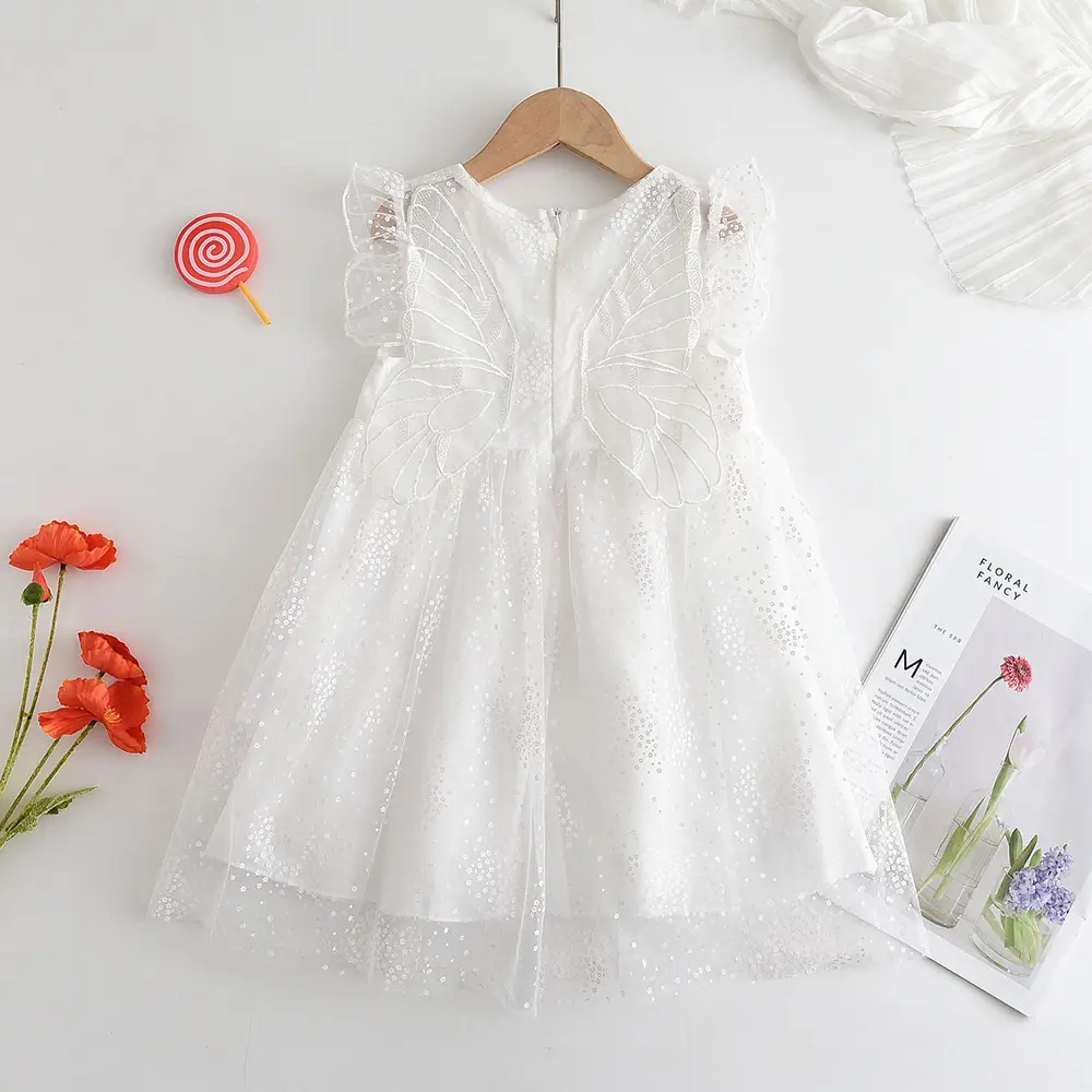 Vestido de verão sem mangas branco para meninas, novo vestido de gaze fofo estilo francês com asas bordadas