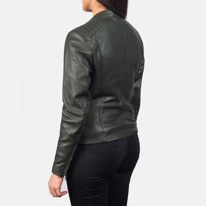 Chaqueta de cuero de bombardero transpirable personalizada para mujer con botón de cuello redondo, cremallera de moto y decoración de bordado, tejido - Product Image 5