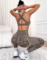 Pakaian Olahraga Wanita Motif Leopard Tanpa Jahitan, Logo Kustom, Pinggang Tinggi, Angkat Bokong, Set Yoga Fitness Gym