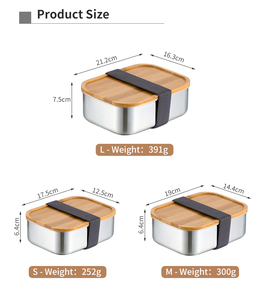 일본 SUS304 18/8 스테인리스 스틸 사각 도시락 스시 벤토 빵 상자 2/3칸 나무 뚜껑 친환경 대나무 뚜껑 - Product Image 6
