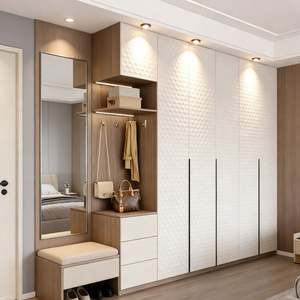 Armario de Dormitorio Personalizado de Alta Gama, Panel Texturizado y Nicho Integrado, Armario de Madera con Espejo y Banco de Almacenamiento - Product Image 1