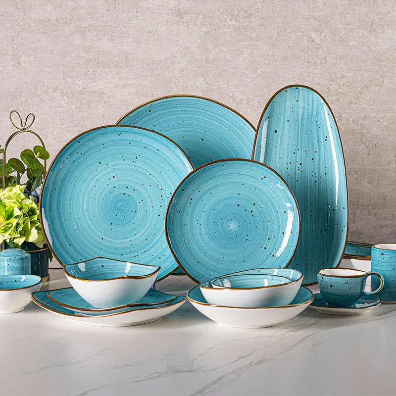 Nordic Ceramic Set Essteller und Schalen Geschirr handbemaltes Spirale Muster mit Speckeln Porzellangeschirr Set Geschirr