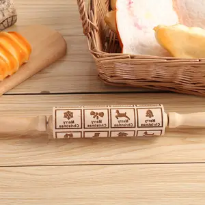 Christmas Flower Snowflake Pattern Rolling Pin Beech Wooden Carving Fondant Embossing Baking Cookie BAKING ROLLER Rolling Pin