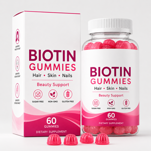 Complément alimentaire végétalien en gommes à la <span class=keywords><strong>biotine</strong></span> 5000 mcg avec collagène, zinc, vitamines C et E pour la santé des cheveux, de la peau et des ongles chez l'adulte, ODM - Product Image 1