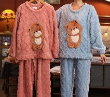 Piyama tebal hangat untuk wanita, set setelan 2 potong dengan kancing digunakan di musim dingin - Product Image 6
