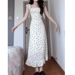 White Polka Dot Slip Dress Square <b>Neck</b> Tight Waist Breathable Long Dress For Women Casual Daily Wear - Product Image 4