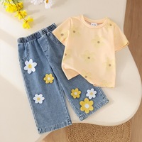 Ensemble décontracté pour filles, haut à imprimé floral d'été à col rond, pantalon en jean brodé
