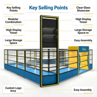 Kios Display Aksesoris Ponsel Modular Lengkap Warna Biru Kuning dengan Area Display Kaca Terbuka dan Panel High Gloss