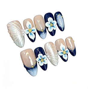 <span class=keywords><strong>Ongles</strong></span> courts en amande faits à la main, <span class=keywords><strong>bleu</strong></span> <span class=keywords><strong>marine</strong></span> français, avec perles 3D et motifs floraux blancs, <span class=keywords><strong>ongles</strong></span> de luxe style sirène, vente en gros - Product Image 2