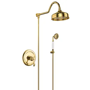 Classical Style Gold Finished Brass Rainfall Shower Mixer Shower Column Shower Set Faucet