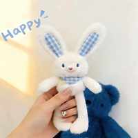 Porte-clés Pendentif Sac Anti-stress Drôle en Peluche Lapin Mignon à Oreilles Mobiles à Carreaux Bleus et Blancs