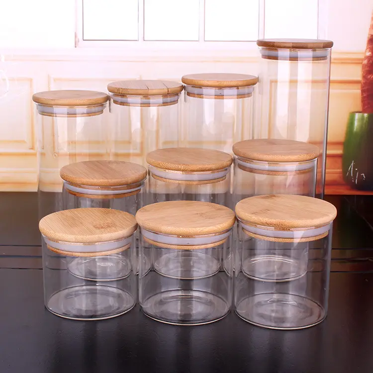 Поставщик стеклянных банок для хранения с широким горлышком, стеклянные кухонные банки с бамбуковой крышкой