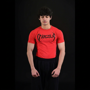 Camiseta de Manga Corta para Hombre, Roja, Corte Ajustado, con Estampado a Cuadros, Cuello Redondo, Material Spandex Transpirable, 360g, Secado Rápido - Product Image 1