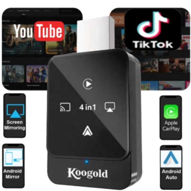 Koogold 4-in-1 Wireless CarPlay & Android Auto USB-C Display Adapter GPS Remote Control for Netflix TikTok Amazon Prime Video