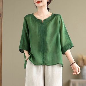 Chinese Style Cotton <b>Linen</b> Embroidered V Neck Short Sleeve T Shirt Women Summer Loose Fit <b>Plus</b> <b>Size</b> Literary <b>Top</b> - Product Image 2