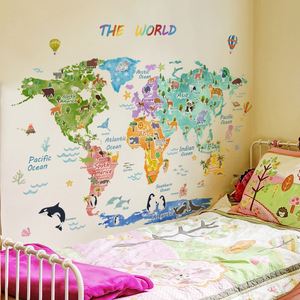 Adhesivo Decorativo de Pared con Mapa del Mundo de Animales de Dibujos Animados para Habitación Infantil, Sala de Estar, Dormitorio Infantil, Papel Tapiz Decorativo de PVC - Product Image 2