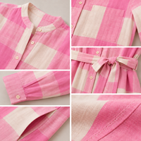 Robe décontractée trapèze rose à carreaux pour femme, taille naturelle, en coton et lin tissé, respirante, idéale pour l'automne et la plage