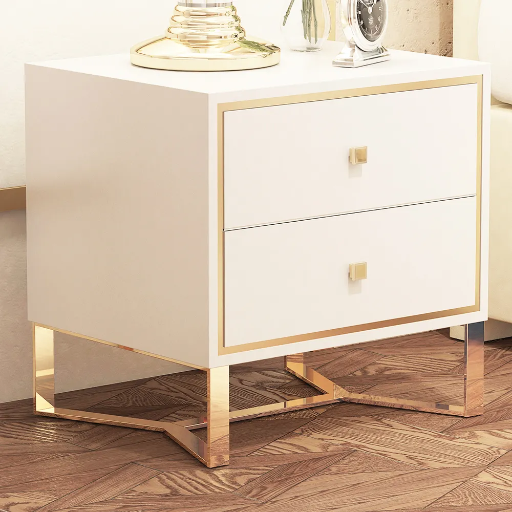 luxury 2 drawer high gloss white wood bed side table nightstand black gold Bedside Table night stand