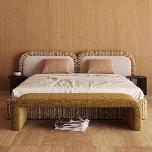 โรงงานผลิตเตียงหุ้มเบาะทันสมัย ขายส่งผ้าฝ้ายลินินคุณภาพสูง เฟอร์นิเจอร์ห้องนอนหลักสไตล์มินิมอล - Product Image 1