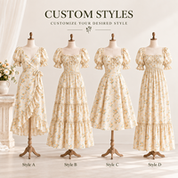 Robe midi personnalisée pour femme, légère, tissée, à imprimé floral, avec buste froncé, manches bouffantes, poignets froncés et ourlet à volants, coupe trapèze