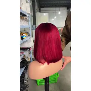 New Short Straight Wig for Women Natural Straight Wine Red Bob Wig 13*4 Lace Front Hair Wigs Middle Parting 14 Inch