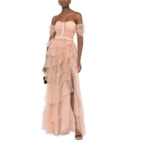 カスタム女性ファッション気質ライトピンクレイヤードデザインシフォンストラップレスチュールイブニングドレス