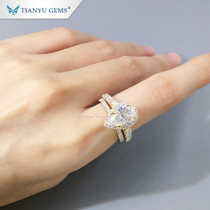 Ensemble de bagues de fiançailles et de mariage Tianyu Gems, bijoux personnalisés, or jaune <span class=keywords><strong>14</strong></span> carats, forme poire, moissanite taille glace pilée, halo - Product Image 2