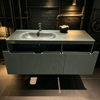 Meuble-lavabo mural flottant en acrylique vert style vintage américain avec vasque intégrée pour villa