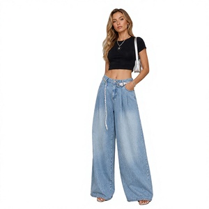 Wholesale Price High Waist <b>Tummy</b> <b>Control</b> Wide Leg <b>Jeans</b> Casual Loose Draped Denim Pants Fashion Street Trousers for Women - Product Image 1