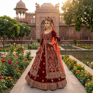 Burgundy Velvet Lehenga Set Embroidered Indian Wedding Dress Long Sleeve Lehenga Choli With Dupatta <b>Bride</b> Ceremony Wear - Product Image 1